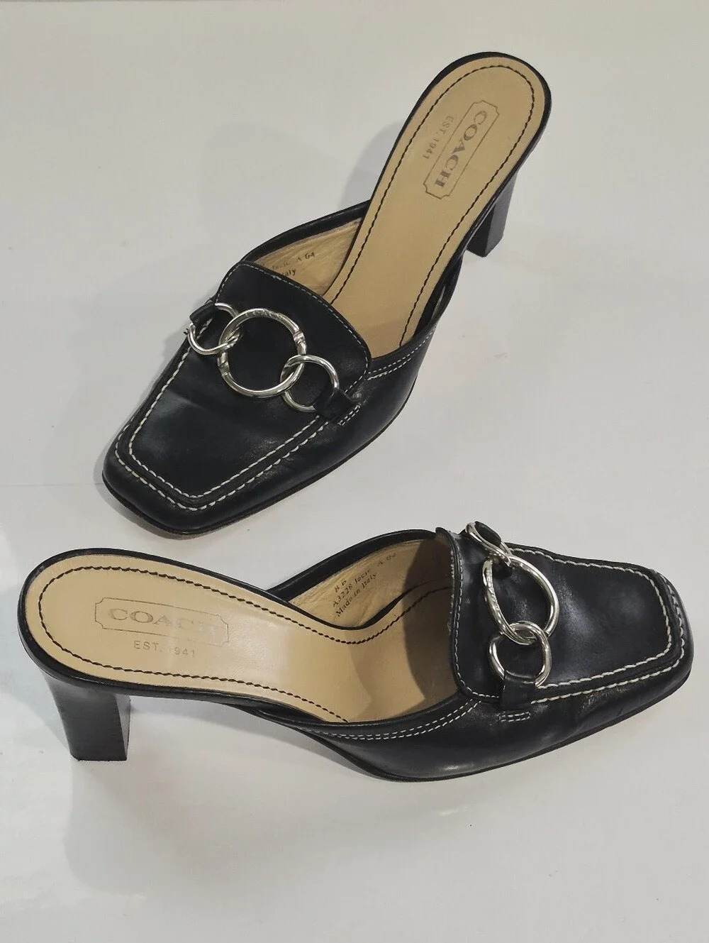 Coach Jacie Vintage Black Leather Ring-Detail Mule Heels Size 8B